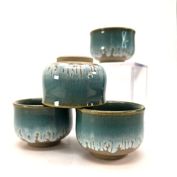 4 Drip Glazed Tea Cups Blue and Brown Set Of 4 Handmade Ceramic je193 - Picture 2 of 9